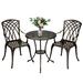 Cast Aluminum Patio Bistro Set with Umbrella Hole 3 Piece Outdoor Bistro Set Rust-Resistant Patio Table and Chairs Outdoor/Indoor Use for Garden Backyard Patio Balcony Bronze