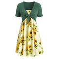 knqrhpse Casual Dresses Summer Dress Midi Dresses for Women Sleeve Sunflower Mini Dress Top Bow Print Short Women Bandage Knot Suit Dress Women s Dress Womens Dresses Green Dress Xl