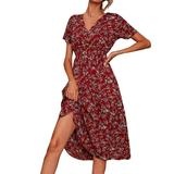 knqrhpse Maxi Dress Beach Dresses for Women Summer Dress Midi Dresses for Women Women The Waist Floral Print Dress Casual Short Sleeved Dress A Line Beach Long Robe Dress Womens Dresses Red Dress S