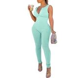 BUYISI Women Sleeveless Jumpsuits Ribbed Bodycon Backless Rompers Summer Yoga Bodysuit S Green