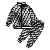 Kucnuzki 12 Months Newborn Baby Boy Winter Outfits Pants Sets 18 Months Long Sleeve Classic Monogram Design Zipper Coat Elastic Pants 2PCS Set Black