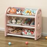 Kids Toy Storage Organizer with 6 Bins Multi-functional Nursery Organizer Kids Furniture Set Toy Storage Cabinet Unit with HDPE Shelf and Bins for Playroom Bedroom Living Room Pink