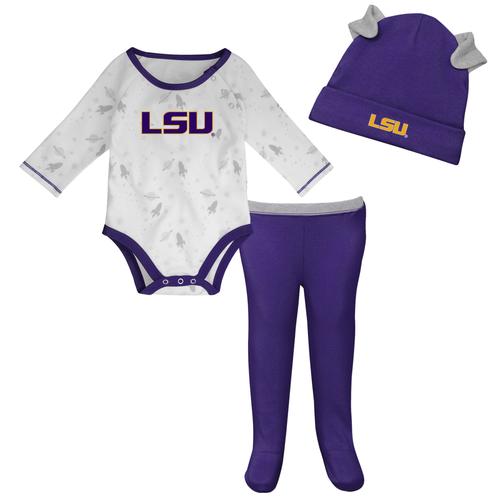 Lila/weißes LSU Tigers Dream Team Raglan-Langarm-Bodysuit-Set mit Mütze und Hose für Neugeborene und Kleinkinder