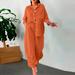 Wyongtao Women s Plus Size Tracksuit Set Cotton Linen Round Neck 3/4 Sleeve Button Down Lapel Shirts and Pants 2 Piece Outfits Orange XXL