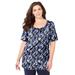 Plus Size Women's Jeweled Neck Pintuck Top by Catherines in Navy Brushstroke Plaid (Size 3X)