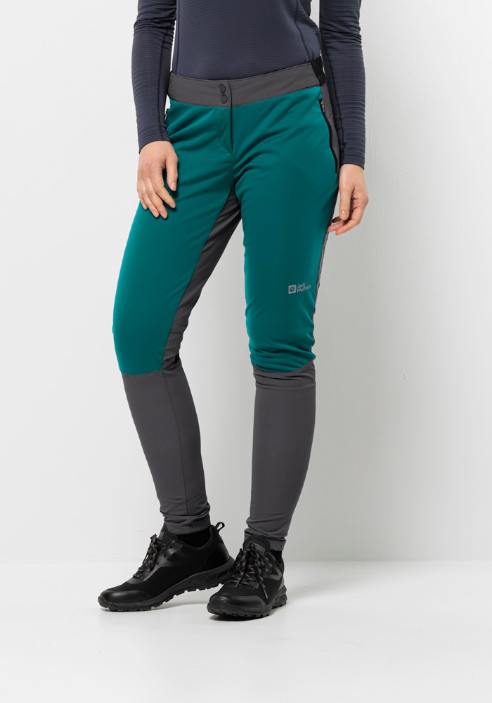 Fahrradhose JACK WOLFSKIN "MOROBBIA PANTS W", Damen, Gr. 38, Normalgrößen, grün (sea, grün), 1. OBERSTOFF 100% POLYESTER 2. OBERSTOFF 91% POLYAMID, 9% ELASTHAN, Hosen Image