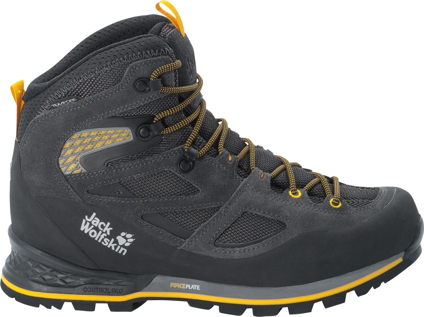 Trekkingschuh JACK WOLFSKIN "FORCE CREST TEXAPORE MID M", Herren, Gr. UK 6 - EU 39,5, Normalschaft, schwarz (schwarz, burlygelbxt), Obermaterial: Synthetik; Obermaterial 2: Textilmaterial; Futter: Polyester, Schuhe Trekkingschuh