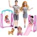 6 People Family Dolls Set with Pregnant Mom Dad 3 Kids Baby Boy in Mommy s Tummy Toddler Kids Toy Gift Dolls of Happy Family Doll Members Parents & Children with Slide Dog