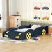 Twin Size Modern Race Car-Shaped Platform Bed, Children's Bed with Wheels and Storage for Living Room Bedroom, Dark Blue+Yellow