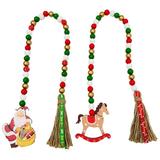 Christmas Wooden Bead Wreath with Tassels Decorated with Santa and Sled 2 Pieces Wood Bead Garland Farmhouse Wall Hanging Ornaments for Christmas Tree Decorations
