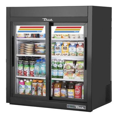 True GDM-09-SQ-HC-LD 36" Black Refrigerated Sliding Glass Door Countertop Merchandiser with LED Lighting