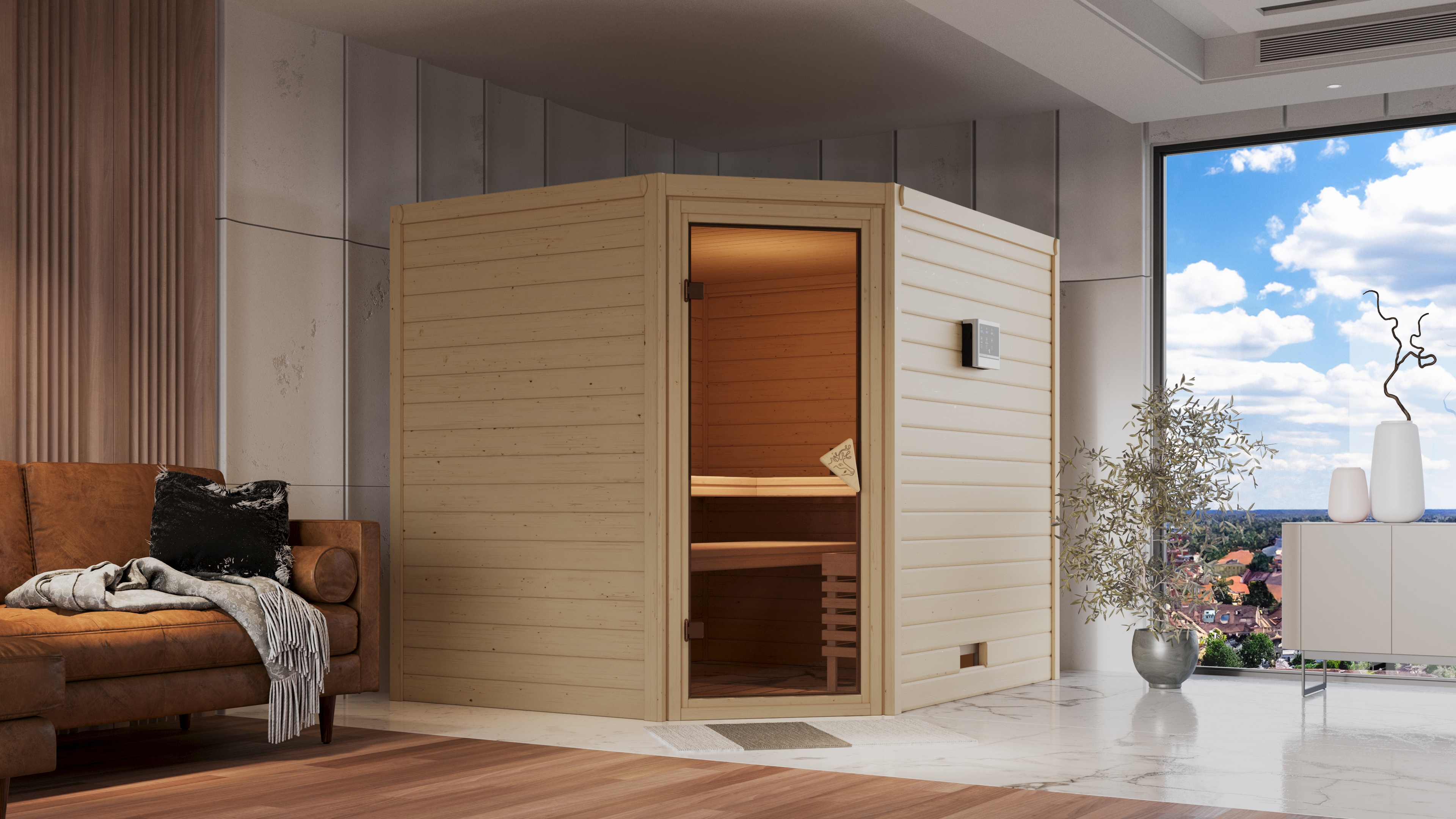Sauna KARIBU "Talida", beige (naturbelassen), Saunaofen, externe Steuerung, 9 kW, Saunen, 9-kW-Ofen mit externer Steuerung Image