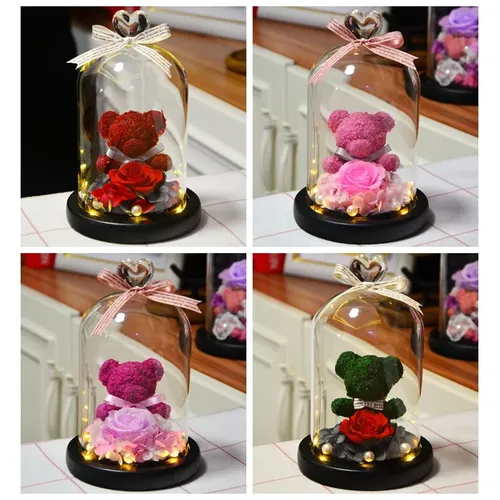 Ewige Erhalten Rose Frische Rose Schöne Teddybär In Herz Glas Dome mit Led Home Decor Hochzeit