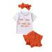 Youmylove Two Piece Girls Outfits Toddler Kids Girls Outfit Pumpkin Letters Prints Top Shorts Hairband 3Pcs Set Outfits