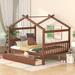 Walnut Full Size Wooden House Bed with Drawers, Solid Pine Wood Frame with 2 Drawers and Headboards Included