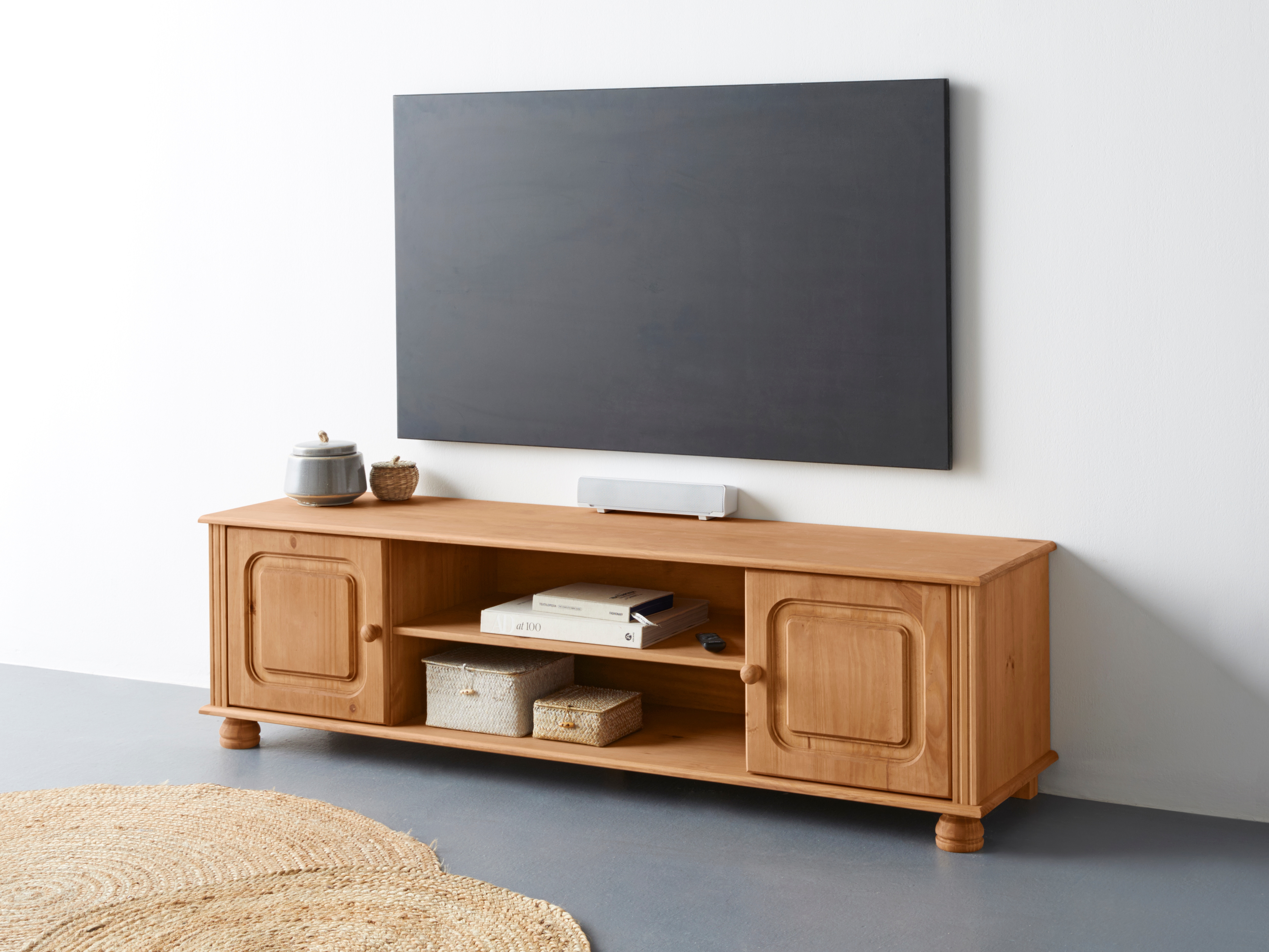 Lowboard HOME AFFAIRE "Mette", beige (natur gebeizt, gewachst), B:160cm H:46cm T:40cm, FSC-zertifiziertes Massivholz, Sideboards, Lowboard, Kommode mit Kabeldurchführung und einem Einlegeboden