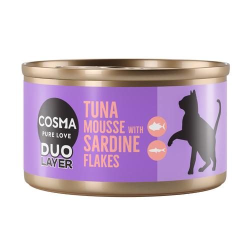 24x70g Cosma DUO Layer: Thunfischmousse mit Sardinenstückchen Katzenfutter Nass