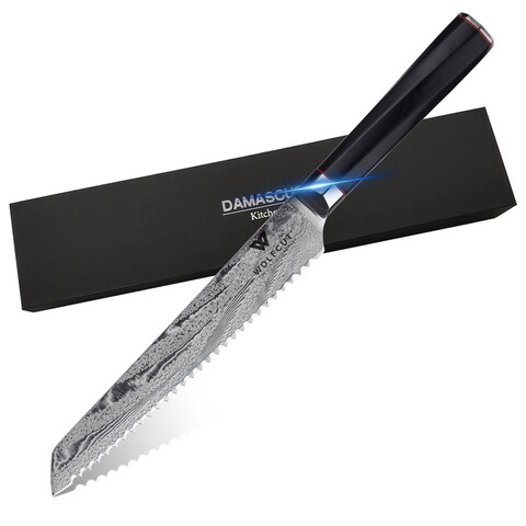 WOLFCUT - Damaskus Brotmesser 20 cm Klinge 73-lagiger japanischer Damaszenerstahl mit Geschenkbox Image
