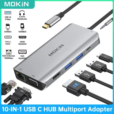MOKiN-airies multiport USB C 10 en 1 adaptateur HDMI Ethernet VGA 100W PD USB 3.0 station