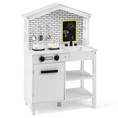 Costway Kids Wooden Kitchen Play Set with Storage Shelves and Accessories-White