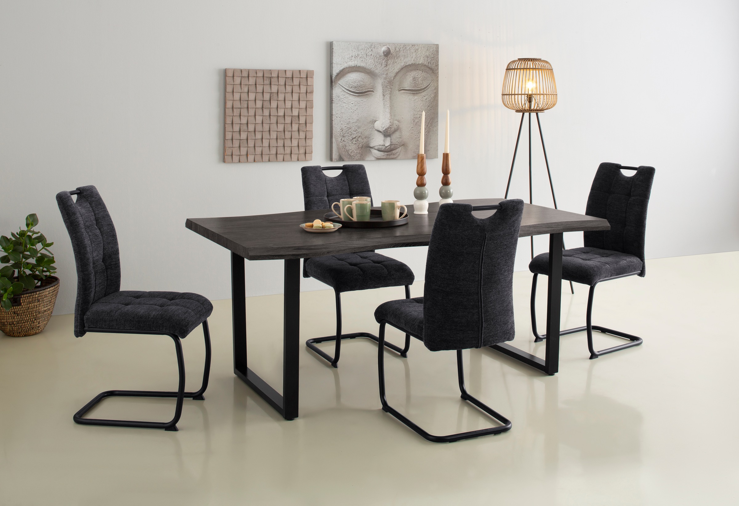 Freischwinger HELA "LEONA Esszimmerstuhl", grau (anthrazit, schwarz), B:45cm H:96cm T:59cm, 100% Polyester, Stühle, Freischwinger, Küchenstuhl, für den Esstisch, in Teddyoptik, als 2er und 4er Set lieferbar
