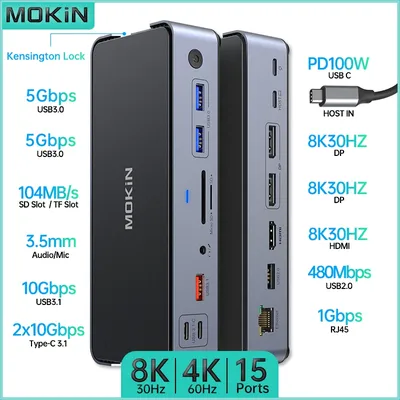 Station d'accueil USB C MOKiN 15 en 1 HDMI DP USB 3.0 3.1 SD/TF RJ45 Audio PD pour Mac iPad