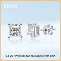 EWYA Real 1 Carat Princess Cut Moissanite Diamond Stud Earrings for Women Party Fine Jewelry 100%