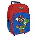 PERLETTI Carry On Backpack Super Mario Bros for Kids - Travel Backpack for Boys with Detachable Wheels for Boy 4 5 6 7 Years - Small Rucksack Blue Red for Children with Front Pocket - 36x25x15cm