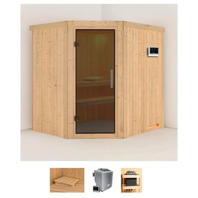 Sauna KARIBU "Siirin", beige (naturbelassen), Bio-Kombiofen, externe Steuerung, 9 kW, Saunen, 9 KW-Bio-Ofen mit externer Steuerung