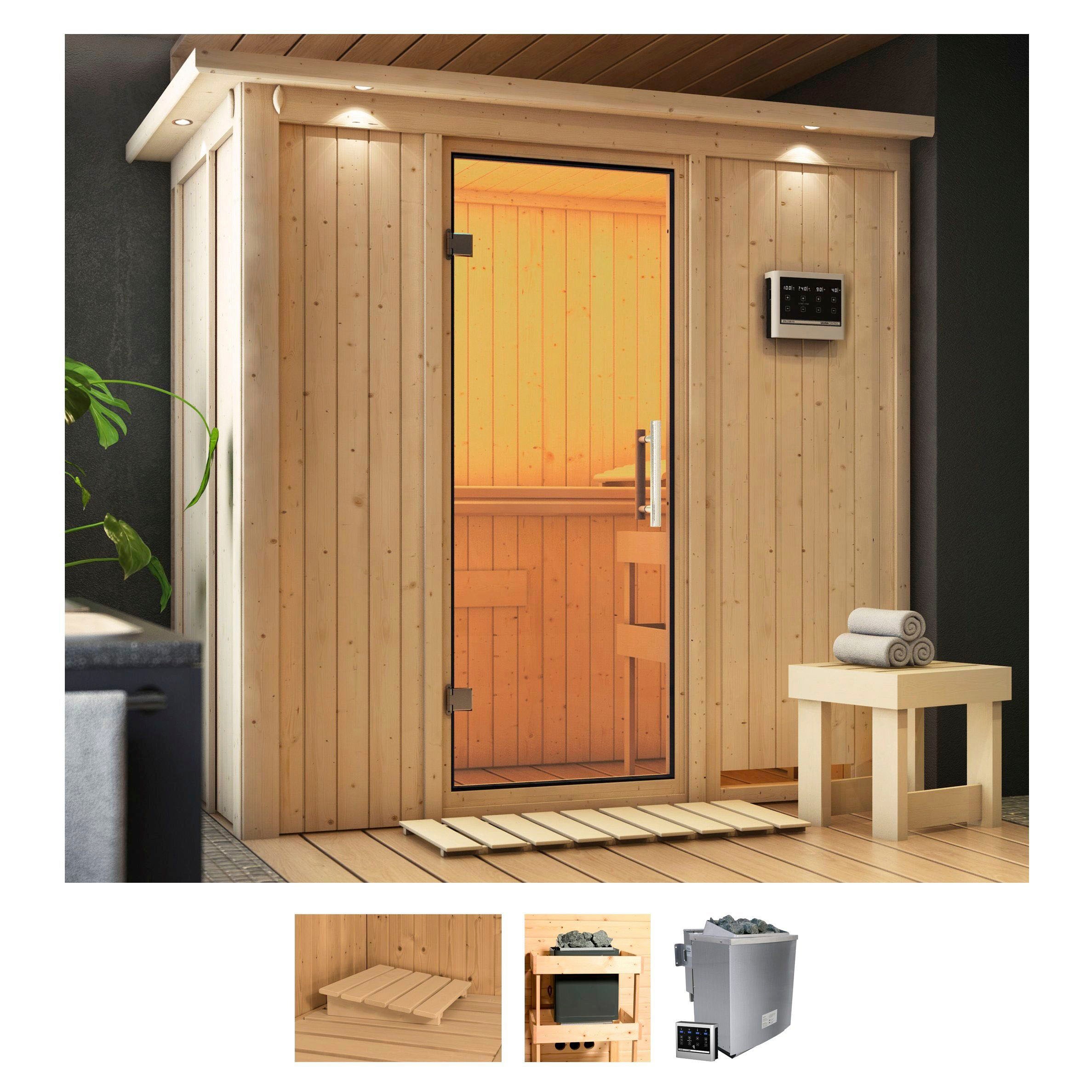 Sauna KARIBU "Vada", beige (naturbelassen), Bio-Kombiofen, externe Steuerung, 9 kW, Saunen, 9 KW-Bio-Ofen mit externer Steuerung Image