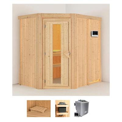 Sauna KARIBU "Clara", beige (naturbelassen), Bio-Kombiofen, externe Steuerung, 9 kW, Saunen, 9 KW-Bio-Ofen mit externer Steuerung