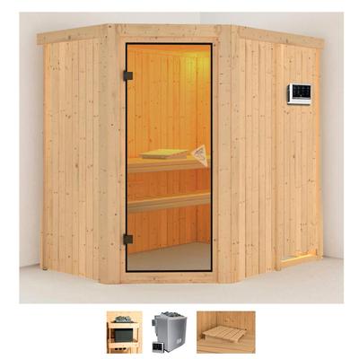 Sauna KARIBU "Clara", beige (naturbelassen), Bio-Kombiofen, externe Steuerung, 9 kW, Saunen, 9 KW-Bio-Ofen mit externer Steuerung