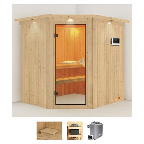 „KARIBU Sauna „“Stine““ Saunen 9 KW-Ofen mit externer Steuerung beige (naturbelassen) Saunen“