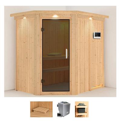 Sauna KARIBU "Clara", beige (naturbelassen), Bio-Kombiofen, externe Steuerung, 9 kW, Saunen, 9 KW-Bio-Ofen mit externer Steuerung