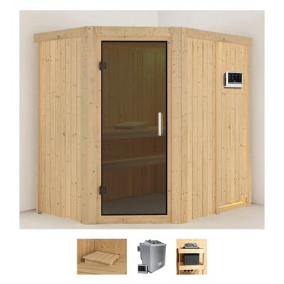 Sauna KARIBU "Clara", beige (naturbelassen), Bio-Kombiofen, externe Steuerung, 9 kW, Saunen, 9 KW-Bio-Ofen mit externer Steuerung