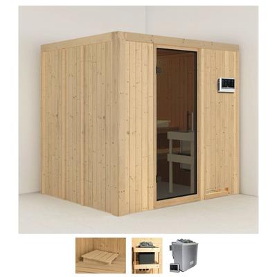 Sauna KARIBU "Solida", beige (naturbelassen), Bio-Kombiofen, externe Steuerung, 9 kW, Saunen, 9 KW-Bio-Ofen mit externer Steuerung