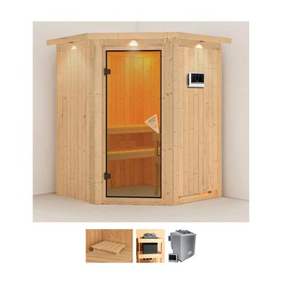 Sauna KARIBU "Larin", beige (naturbelassen), Bio-Kombiofen, externe Steuerung, 9 kW, Saunen, 9 KW-Bio-Ofen mit externer Steuerung