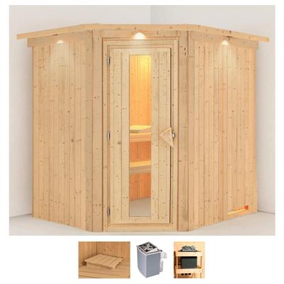 Sauna KARIBU "Stine", beige (naturbelassen), Saunaofen, integrierte Steuerung, 9 kW, Saunen, 9 KW-Ofen mit integrierter Steuerung