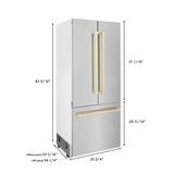 "ZLINE 36"" Autograph Edition 19.6 cu. ft. Built-in 3-Door French Door Refrigerator with Internal Water and Ice Dispenser in Fingerprint Resistant Stainless Steel with Gold Accents - Zline Kitchen and Bath RBIVZ-SN-36-G"