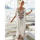 EDOCircNSA-Robe longue vintage brodée pour femme caftan blanc décontracté col en V maxi