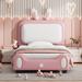 Twin or Full Size Upholstered PU Leather Kids' Bed, Rabbit-Shaped Princess Bed, Platform Bed Frame with Cute Headboard