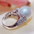 Trendy White Big Pearl Cubic Zirconia Rings for Women Gorgeous Engagement Wedding Bands Sterling