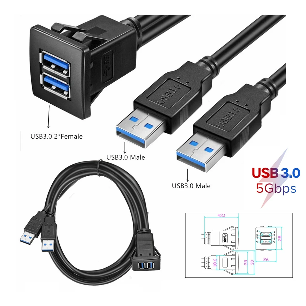 Dual Port USB Buchse Verlängern Cabel USB 3,0 Auto Auto Unterputz Verlängerung Kabel Dashboard Panel Platz USB Kabel Für Auto Motorrad Image
