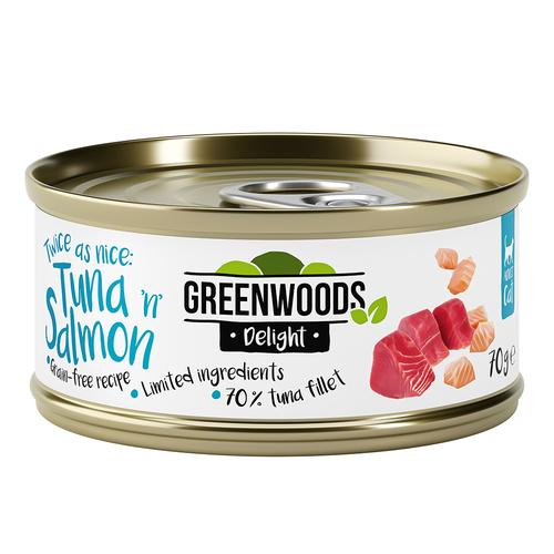 24 x 70 g Thunfischfilet mit Lachs in Brühe Greenwoods Delight Katzennassfutter