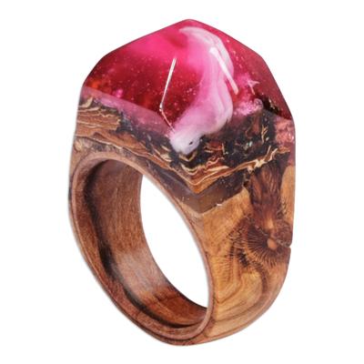 Pink Spectacle,'Handcrafted Wood and Resin Domed Ring in Pink and White'