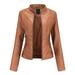 Ecqkame Women s Faux Leather Motorcycle Jacket Ladies Slim Leather Stand-Up Collar Zipper Stitching Solid Color Fall Jacket Brown L