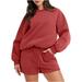 AherBiu Womens Short Sweatsuits Long Sleeve Pullover Crew Neck Sweatshirt with Wide Leg Trackshort 2 Piece Sets