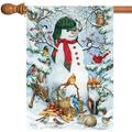 Woodland Snowman 28x40 Winter Snow Animal Deer Bird House Flag