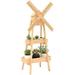 Outdoor Plant Stand 2 Tier Wood Flower Stand With Windmill Garden Decor Plant Shelf With Built-In Mini House Great For Indoor/Outdoor