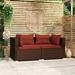moobody 2-Seater Sofa with Red Cushions Brown Poly Rattan 2 Corner Sofas Set for Patio Garden Balcony Yard Lawn Deck